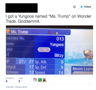 Illustration for article titled Pokemon Sun and Moon's Wonder Trade Is Full of Monsters Named Donald Trump